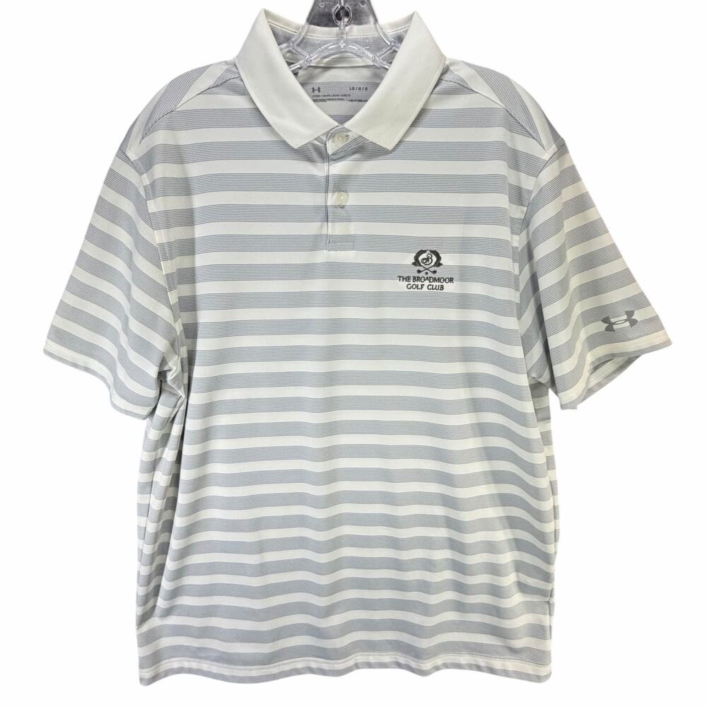 Under Armour Polo‎ Shirt Mens L Gray White Striped Broadmoor Golf Club Heat Gear